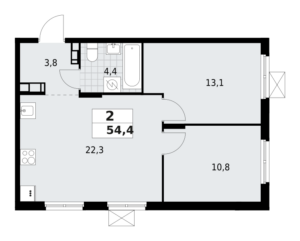2-комнатная квартира 54.4 м2, 3-й этаж