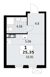 1-комнатная квартира 25.35 м2, 7-й этаж