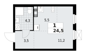 1-комнатная квартира 24.5 м2, 4-й этаж