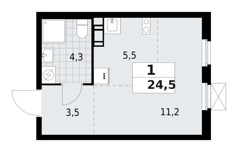 1-комнатная квартира 24.5 м2, 4-й этаж