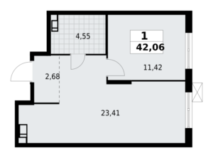 1-комнатная квартира 42.06 м2, 3-й этаж