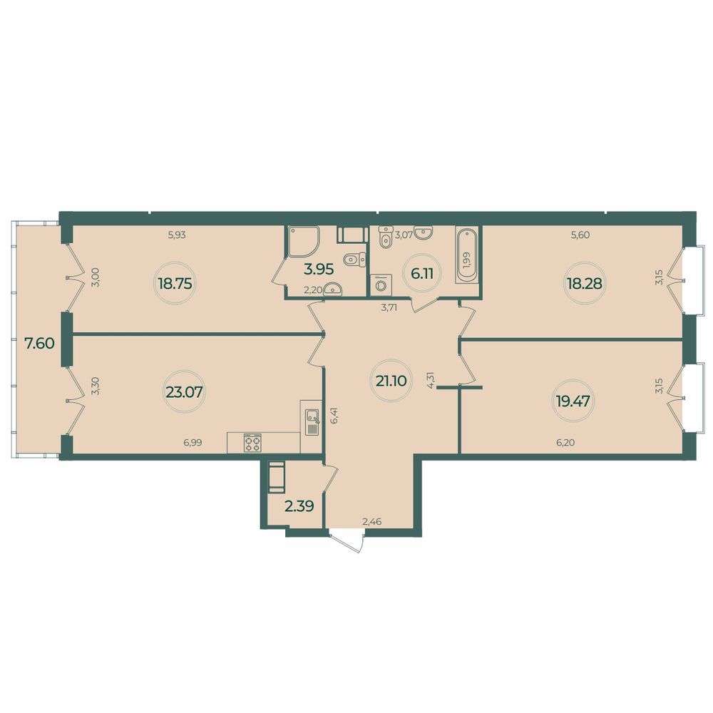 3-комнатная квартира 115.4 м2, 4-й этаж