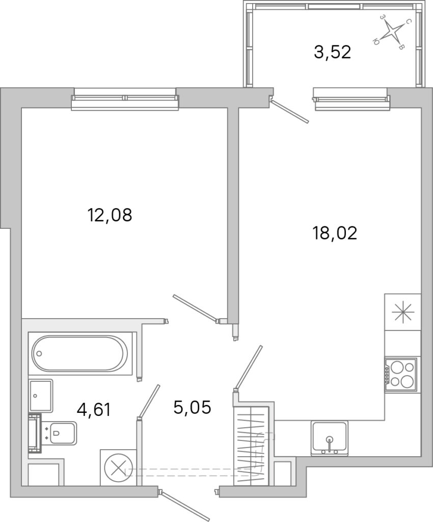 1-комнатная квартира 40.82 м2, 1-й этаж