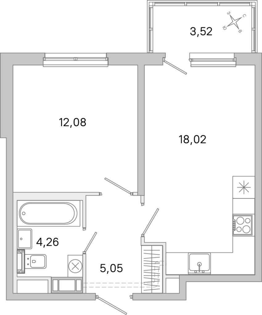 1-комнатная квартира 40.47 м2, 2-й этаж