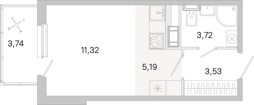 Cтудия 24.88 м2, 3-й этаж