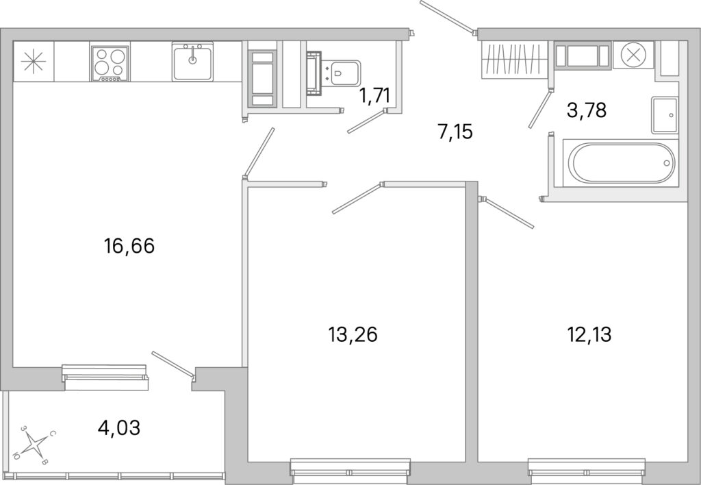 2-комнатная квартира 56.71 м2, 2-й этаж