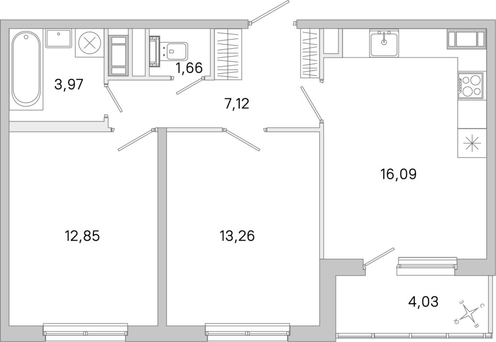 2-комнатная квартира 56.97 м2, 2-й этаж