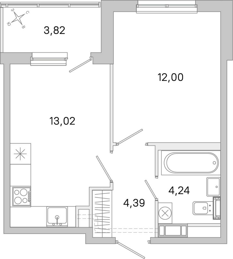1-комнатная квартира 35.56 м2, 2-й этаж