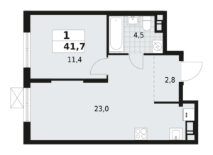 1-комнатная квартира 41.7 м2, 4-й этаж