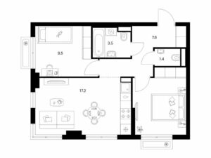 2-комнатная квартира 50 м2, 12-й этаж