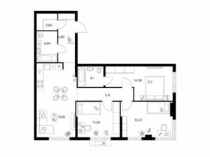 3-комнатная квартира 85.11 м2, 2-й этаж