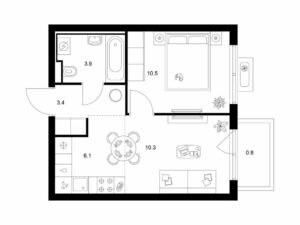 1-комнатная квартира 35 м2, 8-й этаж