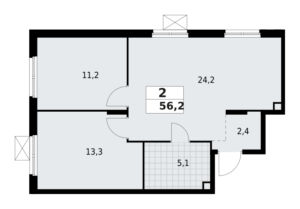 2-комнатная квартира 56.2 м2, 2-й этаж