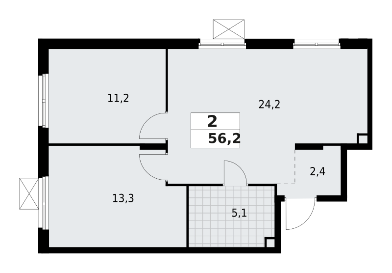 2-комнатная квартира 56.2 м2, 2-й этаж