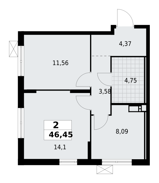 2-комнатная квартира 46.45 м2, 4-й этаж