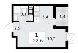 1-комнатная квартира 22.6 м2, 7-й этаж