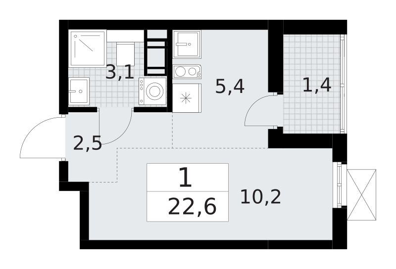 1-комнатная квартира 22.6 м2, 7-й этаж