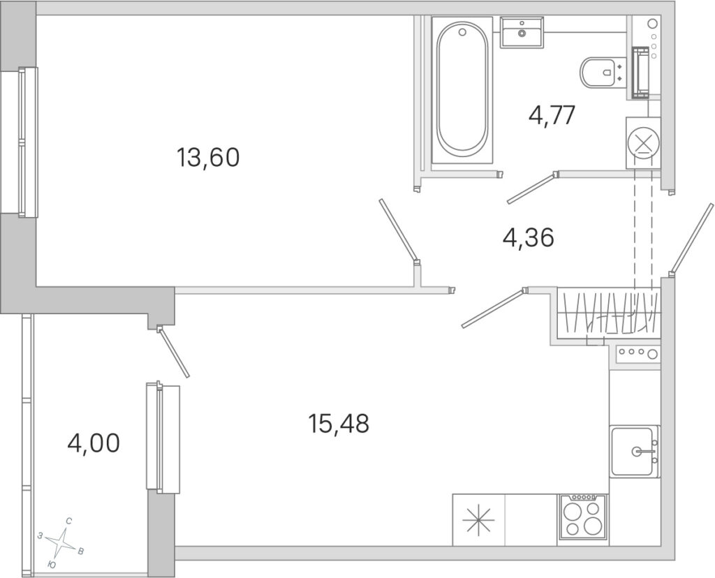 1-комнатная квартира 40.21 м2, 1-й этаж