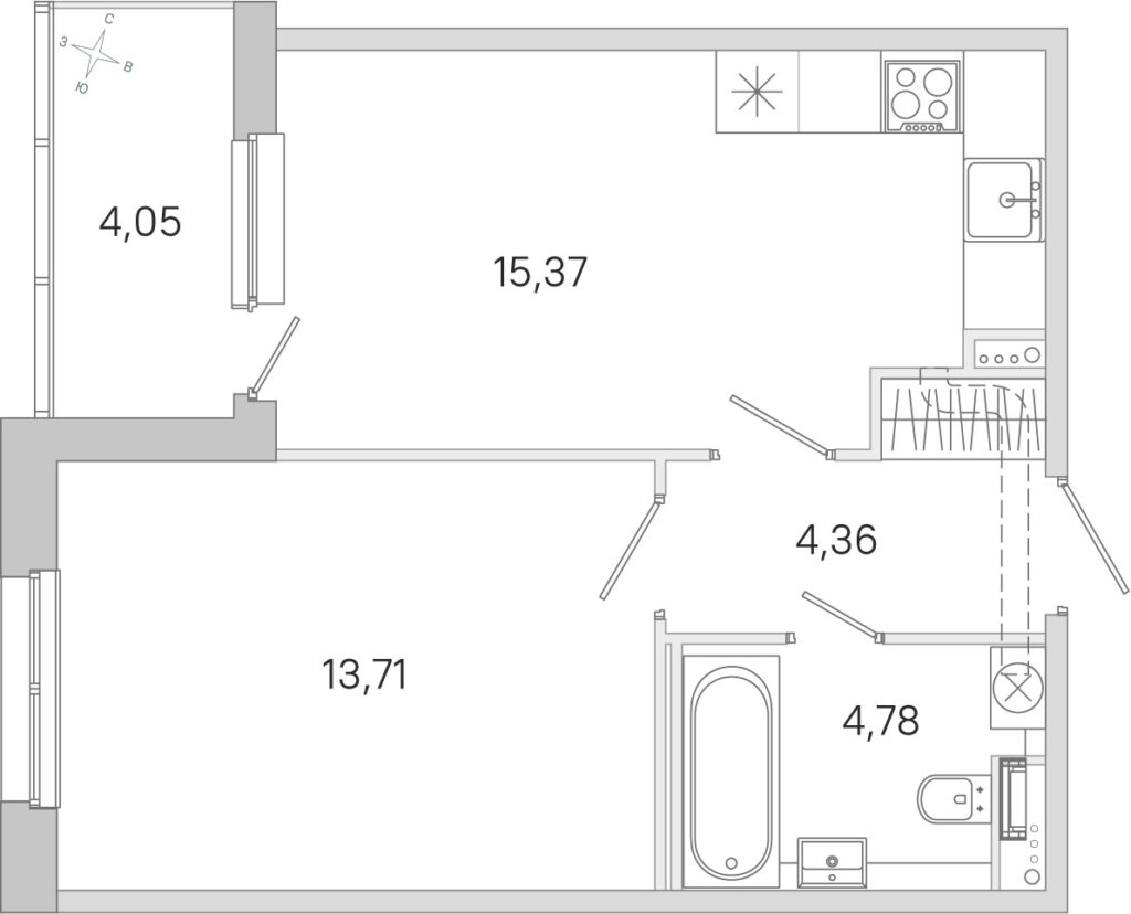 1-комнатная квартира 40.25 м2, 1-й этаж