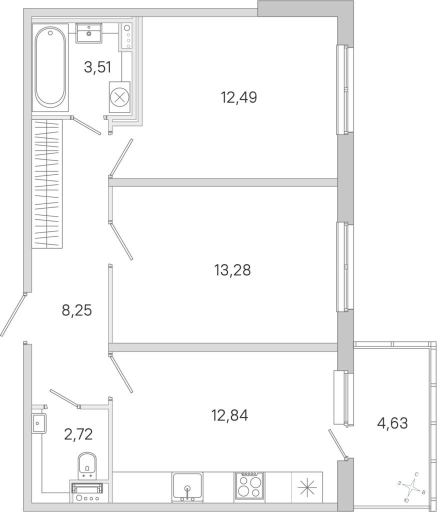 2-комнатная квартира 54.48 м2, 1-й этаж