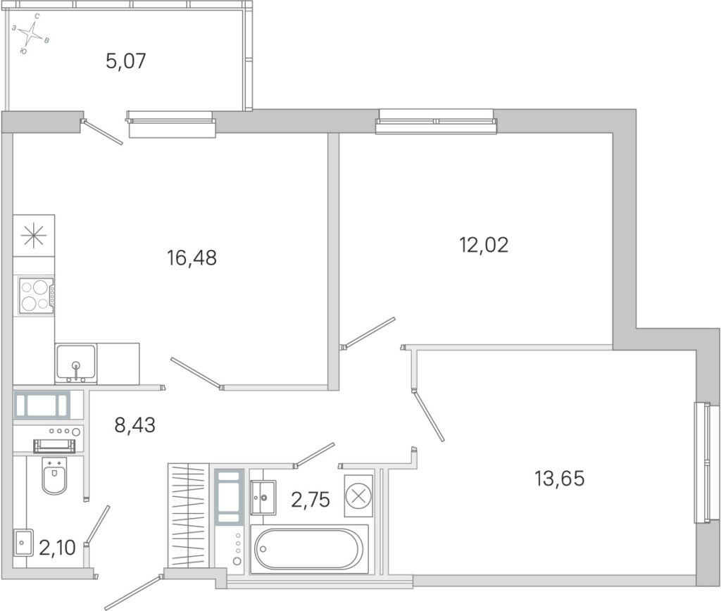 2-комнатная квартира 56.95 м2, 2-й этаж