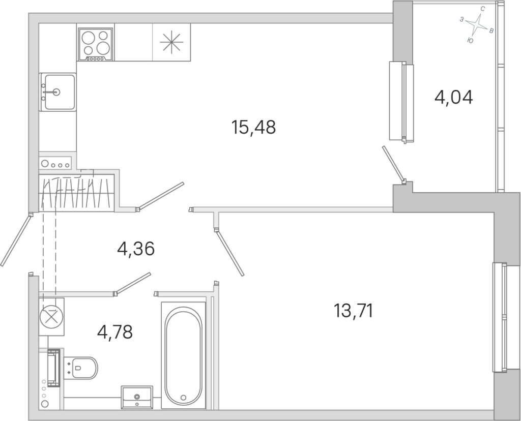 1-комнатная квартира 40.35 м2, 1-й этаж