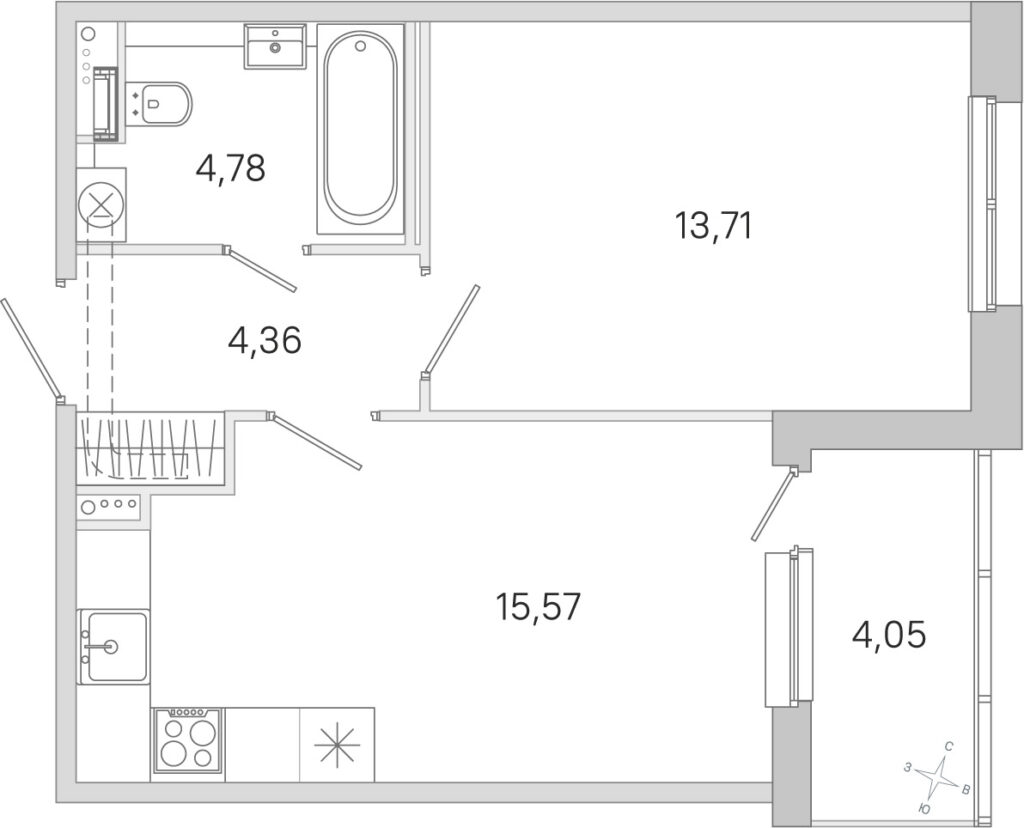 1-комнатная квартира 40.45 м2, 1-й этаж