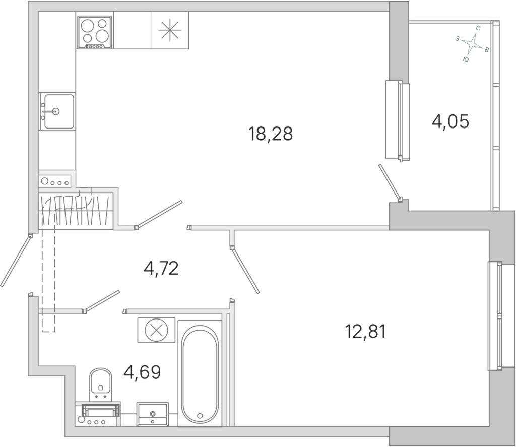 1-комнатная квартира 42.53 м2, 1-й этаж