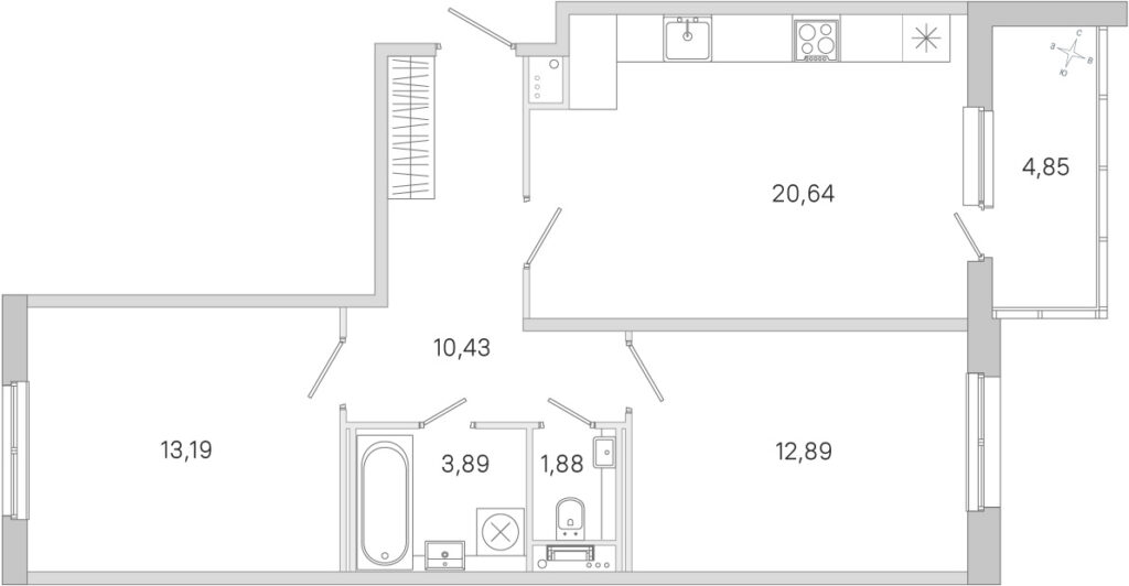 2-комнатная квартира 65.35 м2, 1-й этаж