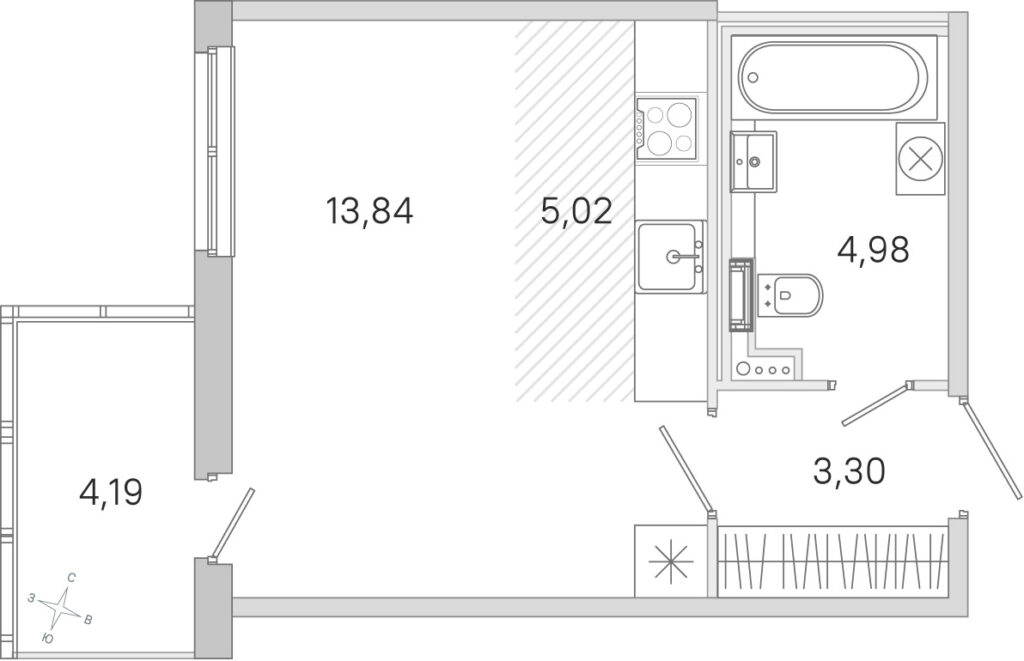 Cтудия 28.4 м2, 1-й этаж