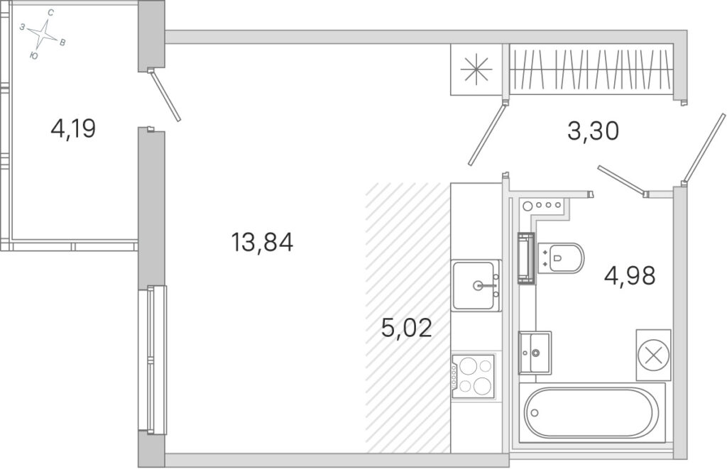 Cтудия 28.4 м2, 1-й этаж