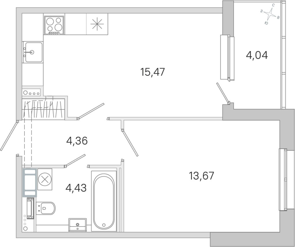 1-комнатная квартира 39.95 м2, 4-й этаж