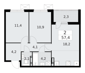 2-комнатная квартира 57.4 м2, 3-й этаж