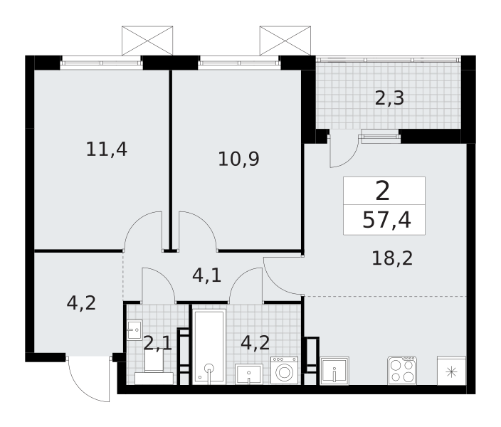2-комнатная квартира 57.4 м2, 3-й этаж