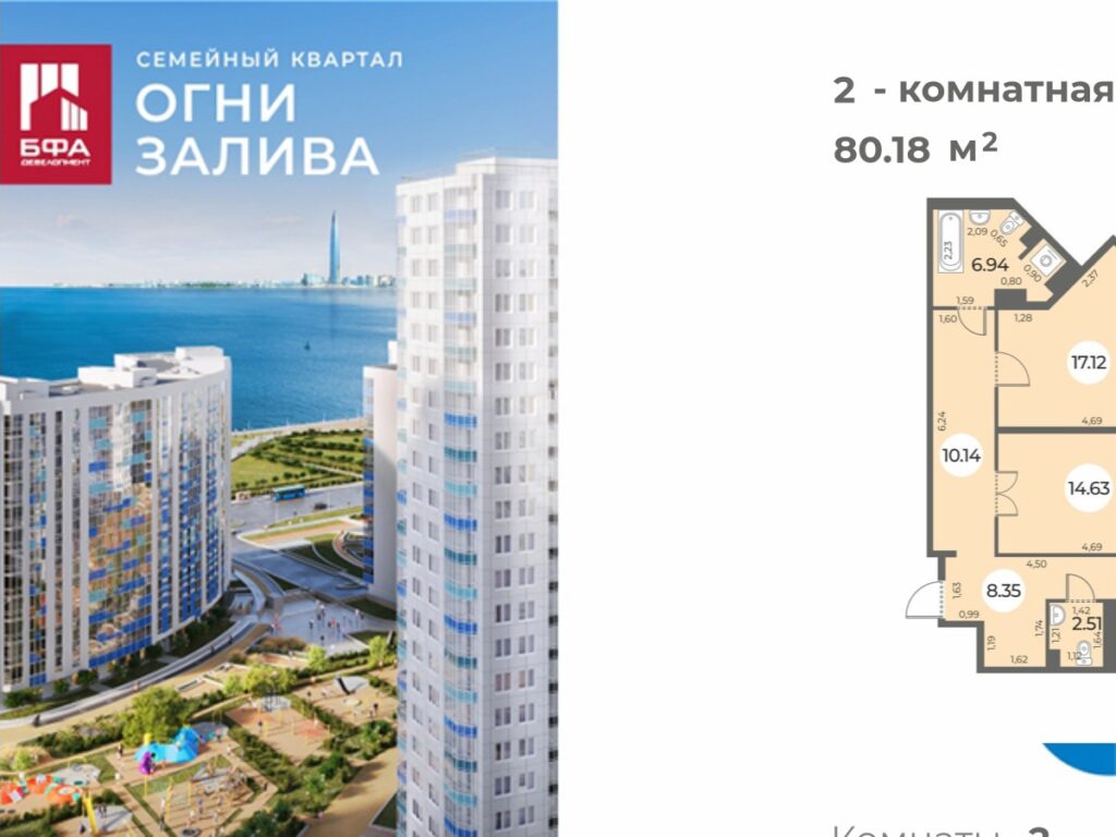 2-комнатная квартира 80.18 м2, 17-й этаж