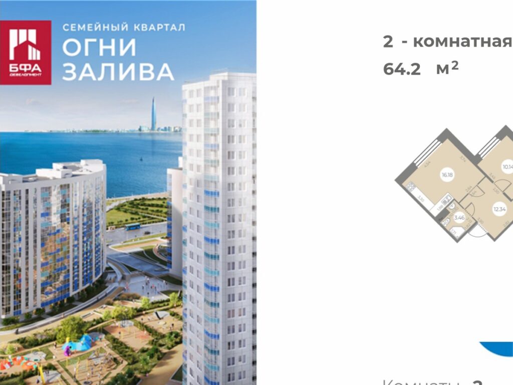 2-комнатная квартира 64.2 м2, 2-й этаж