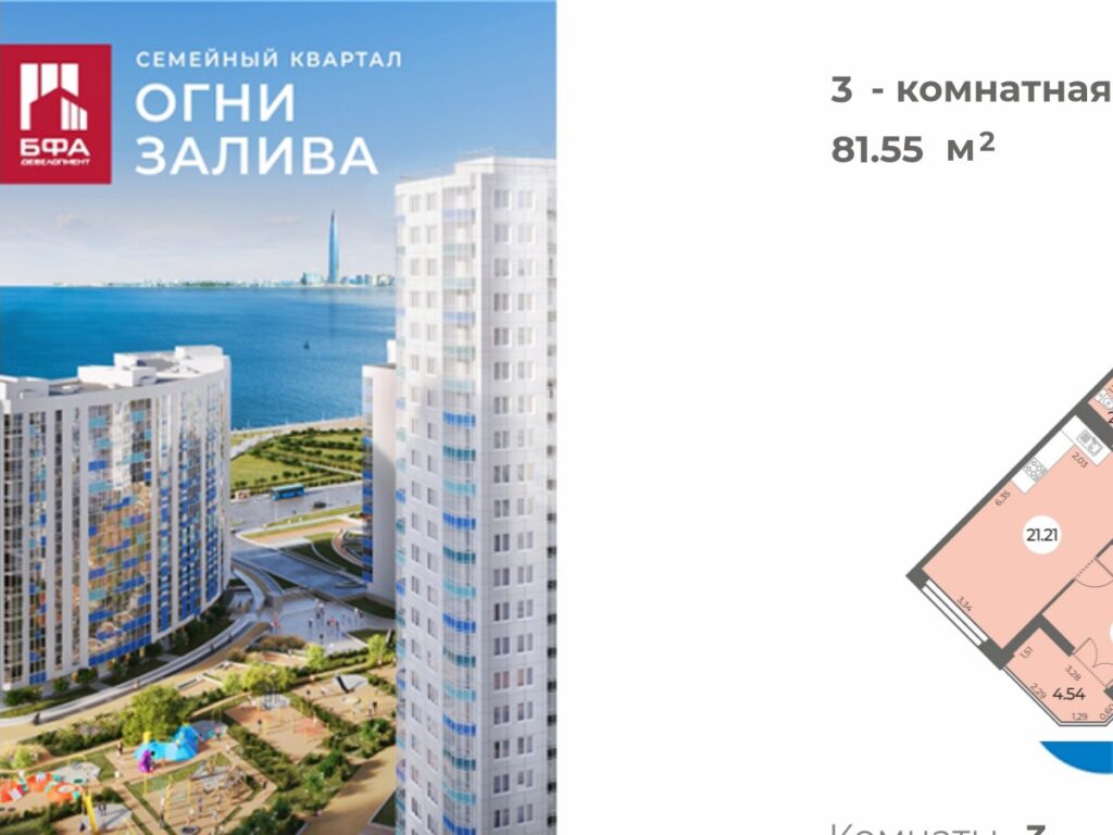 3-комнатная квартира 81.55 м2, 6-й этаж