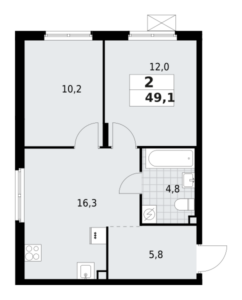 2-комнатная квартира 49.1 м2, 2-й этаж