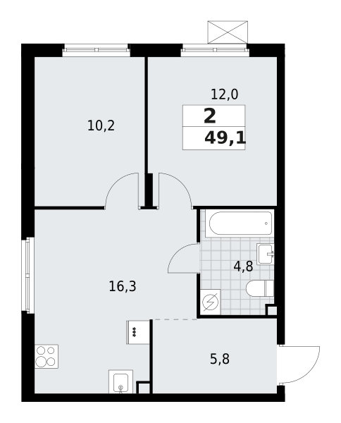 2-комнатная квартира 49.1 м2, 2-й этаж