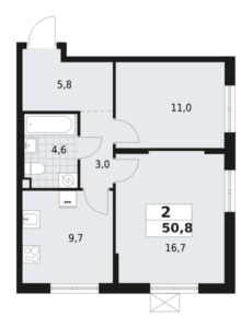 2-комнатная квартира 50.8 м2, 2-й этаж
