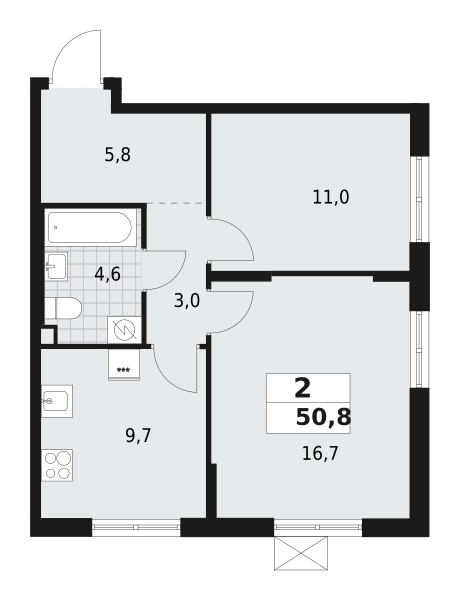 2-комнатная квартира 50.8 м2, 2-й этаж