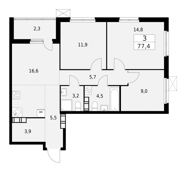 3-комнатная квартира 77.4 м2, 10-й этаж