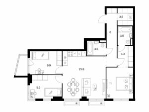 3-комнатная квартира 80 м2, 9-й этаж