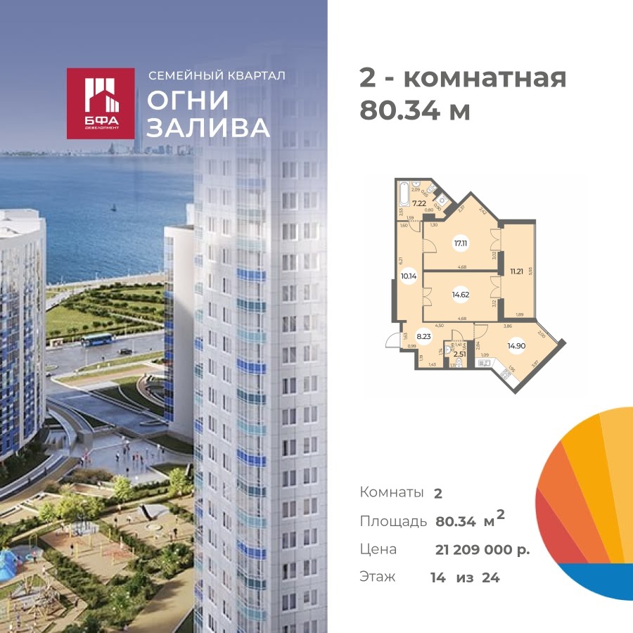 2-комнатная квартира 80.34 м2, 14-й этаж