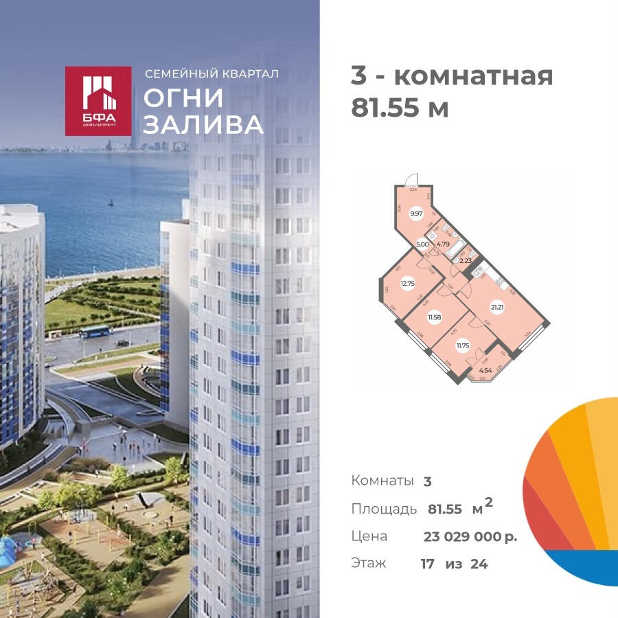 3-комнатная квартира 81.55 м2, 17-й этаж