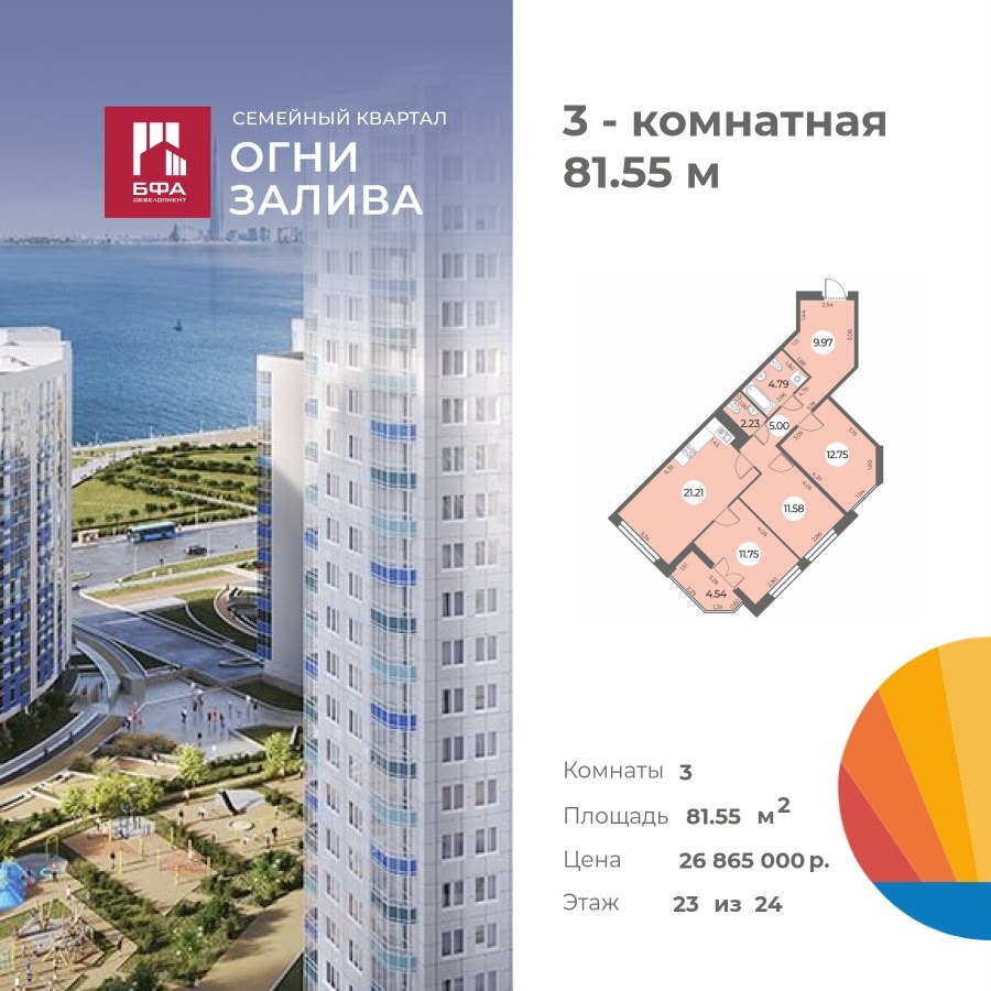 3-комнатная квартира 81.55 м2, 23-й этаж